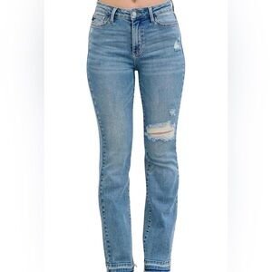 Judy Blue Light Blue Distressed Boot Cut Jeans, released hem.